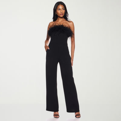 Premier Amour Womens Strapless Faux-Feather Trim Jumpsuit