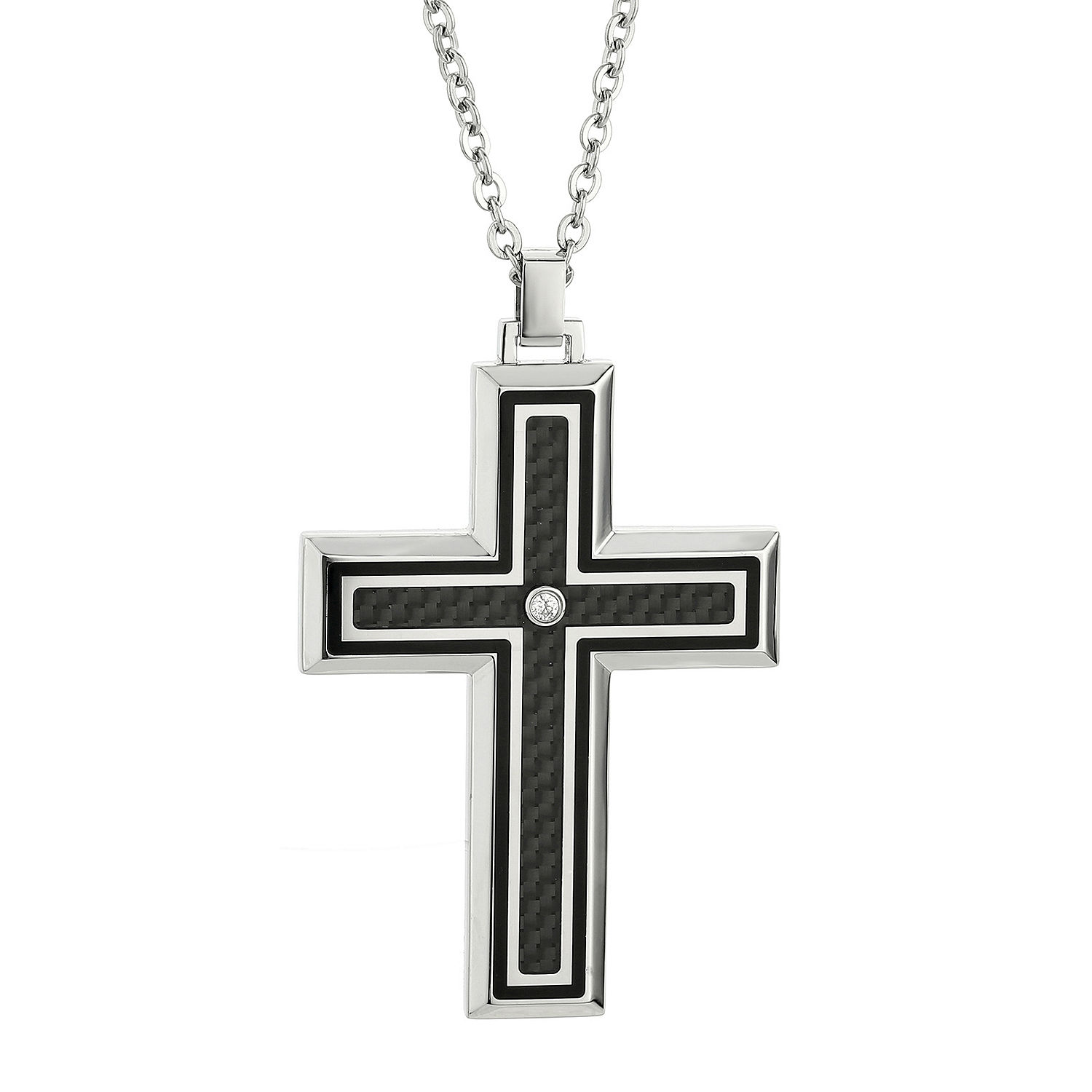 Mens Crystal Stainless Steel & Carbon Fiber Cross Pendant Necklace ...