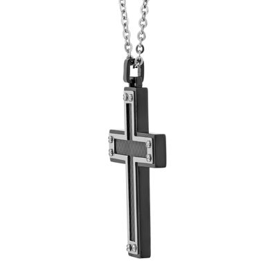 Mens Stainless Steel & Black IP w/Carbon Fiber Inlay Cross Pendant Necklace