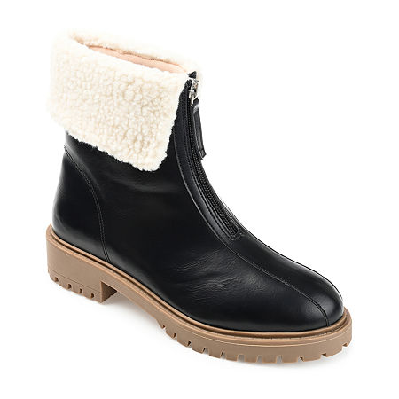 Womens Shearling Lined Snow Boots for Cold Winter Retro Leather Mid Calf  Boots in Black/Brown