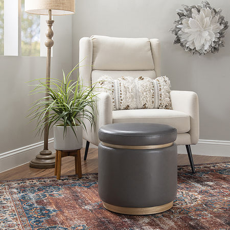 Berlinda Faux Leather Round Storage Ottoman, One Size, Gray