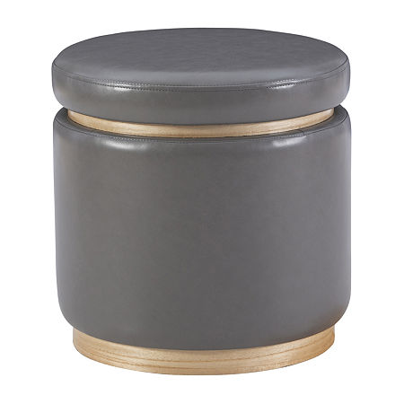 Berlinda Faux Leather Round Storage Ottoman, One Size, Gray