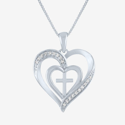 Womens 1/10 CT. T.W. Mined White Diamond Sterling Silver Cross Heart Pendant Necklace
