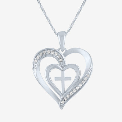 Womens 1/10 CT. T.W. Natural White Diamond Sterling Silver Cross Heart 18 Inch Pendant Necklace