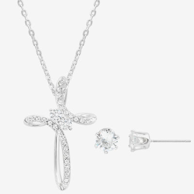 Sparkle Allure Womens Cubic Zirconia Pure Silver Over Brass Cross 2-pc. Jewelry Set