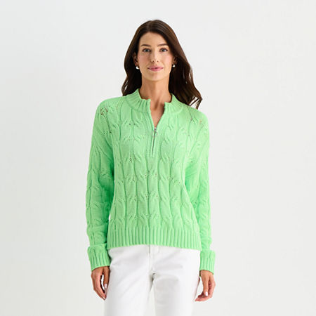 St. John's Bay Womens Mock Neck Long Sleeve Cable Knit Pullover Sweater In Green