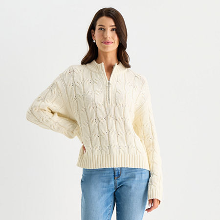 St. John's Bay Womens Mock Neck Long Sleeve Cable Knit Pullover Sweater In White
