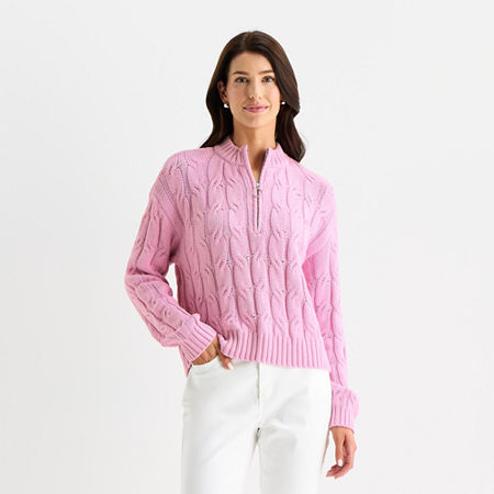St. John's Bay Womens Mock Neck Long Sleeve Cable Knit Pullover Sweater In Pink