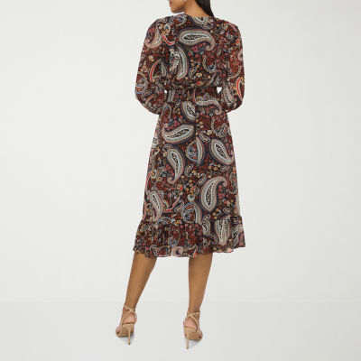 MSK Womens Long Sleeve Paisley Midi Fit + Flare Dress