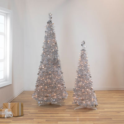 Northlight Silver Tinsel Pop-Up With Clear Lights 6 Foot Pre-Lit Christmas Tree