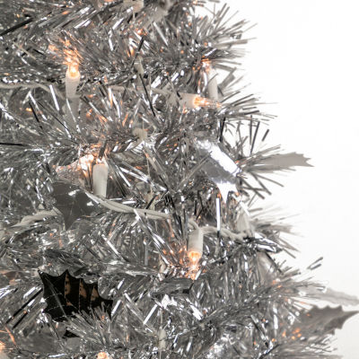 Northlight Silver Tinsel Pop-Up With Clear Lights 6 Foot Pre-Lit Christmas Tree