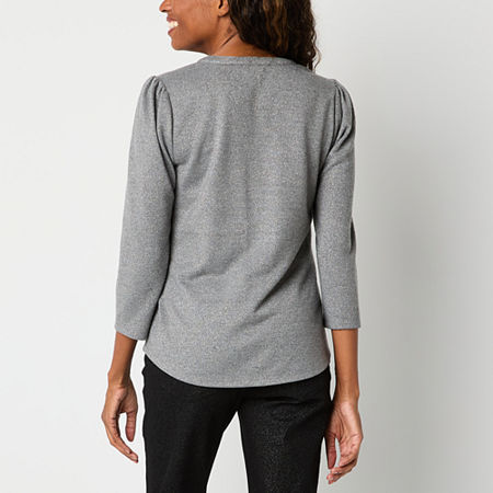 Liz Claiborne Womens Split Crew Neck 3/4 Sleeve Blouse, Petite Large, Gray