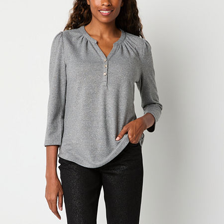 Liz Claiborne Womens Split Crew Neck 3/4 Sleeve Blouse, Petite Large, Gray