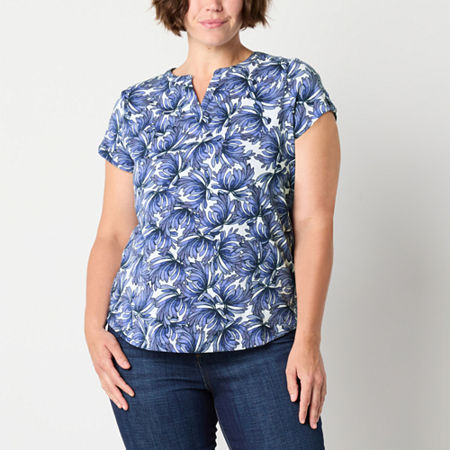 Liz Claiborne Womens Split Crew Neck Short Sleeve Blouse, Petite Large, Blue