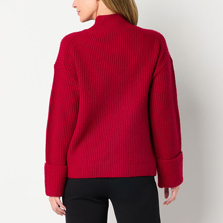 Liz Claiborne Womens Mock Neck Long Sleeve Pullover Sweater, Petite Large, Red