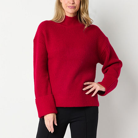 Liz Claiborne Womens Mock Neck Long Sleeve Pullover Sweater, Petite Large, Red