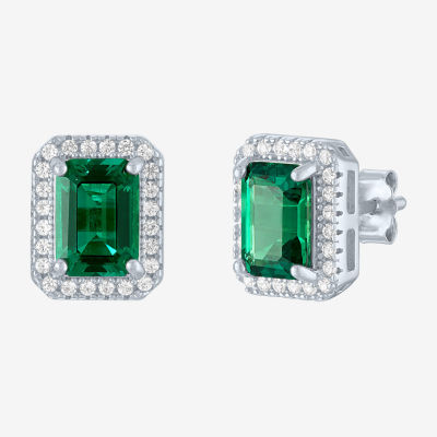 Yes, Please! Lab Created Green Emerald Sterling Silver Stud Earrings