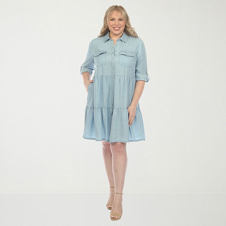 White Mark Womens Plus Long Sleeve Shirt Dress In Blue