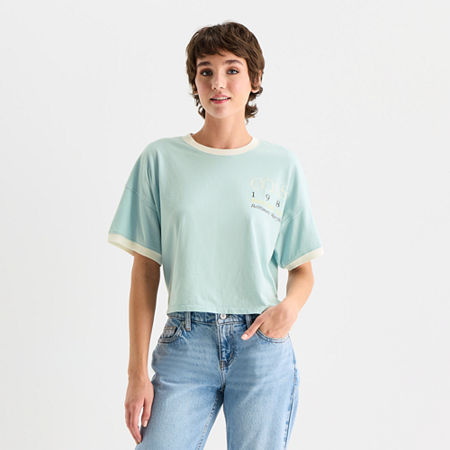 Arizona Womens Juniors V Neck Short Sleeve Oversized Graphic T-Shirt, X-large, Blue