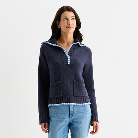 St. John's Bay Womens Long Sleeve Cable Knit Pullover Sweater In Blue