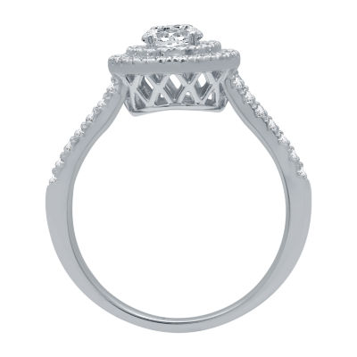 (H-I / I1) Womens 1 CT. T.W. Lab Grown White Diamond 10K White Gold Side Stone Halo Engagement Ring