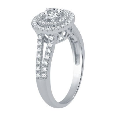 (H-I / I1) Womens 1 CT. T.W. Lab Grown White Diamond 10K White Gold Side Stone Halo Engagement Ring