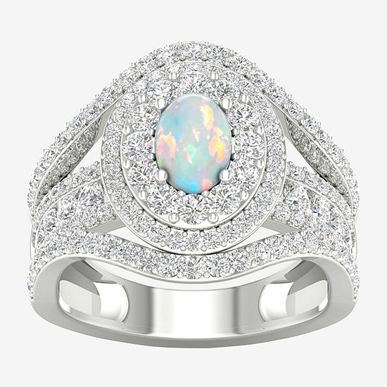 Womens Lab Created Multi Color Opal Sterling Silver Halo Cocktail Ring