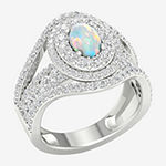 Womens Lab Created Multi Color Opal Sterling Silver Halo Cocktail Ring
