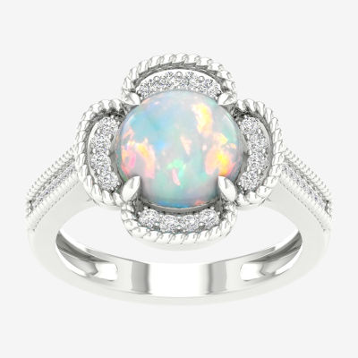 Womens Lab Created White Opal Sterling Silver Cocktail Ring