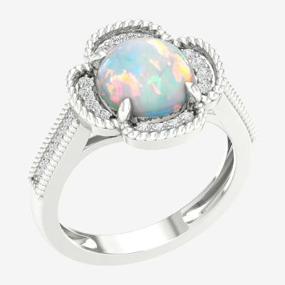 Womens Lab Created White Opal Sterling Silver Cocktail Ring