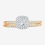 Womens 1/2 CT. T.W. Genuine White Diamond 10K Gold Cushion Side Stone Halo Bridal Set