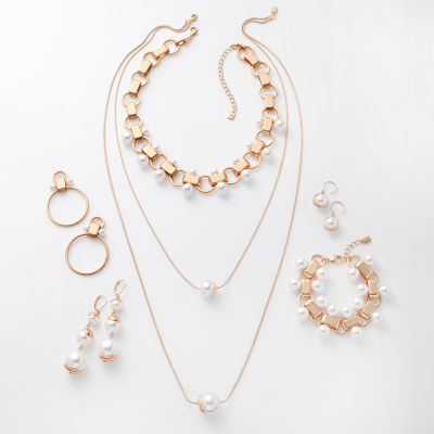 Worthington Gold Tone & Pearl Link Gold Tone Collar Necklace