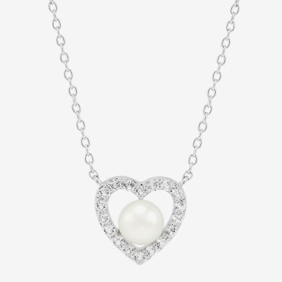 Womens White Cultured Freshwater Pearl Sterling Silver Heart Pendant Necklace