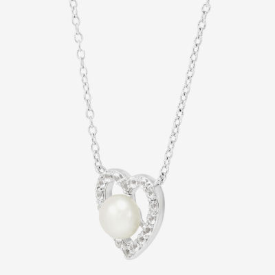 Womens White Cultured Freshwater Pearl Sterling Silver Heart Pendant Necklace