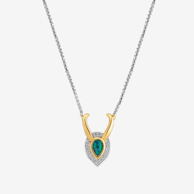 Marvel Fine Jewelry Womens Diamond Accent Lab Created Green Opal 14K Gold Over Silver Pear Loki Pendant Necklace