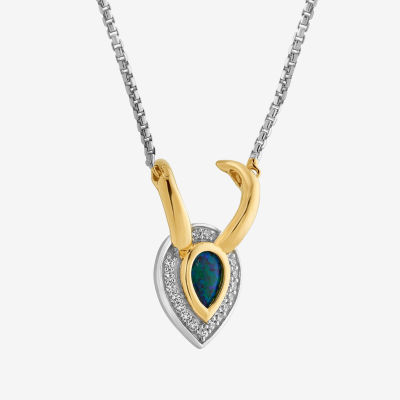 Marvel Fine Jewelry Womens Diamond Accent Lab Created Green Opal 14K Gold Over Silver Pear Loki Pendant Necklace