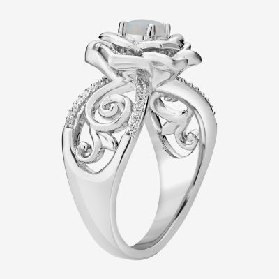 Enchanted Disney Fine Jewelry Womens 1/8 CT. T.W. Lab Created White Opal Sterling Silver Flower Cinderella Princess Side Stone Solitaire Cocktail Ring