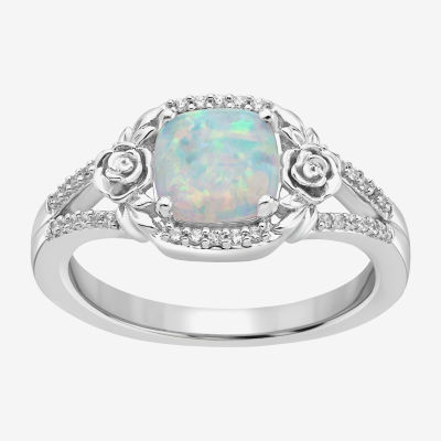 Enchanted Disney Fine Jewelry Womens Diamond Accent Lab Created White Opal Sterling Silver Cinderella Princess Halo Side Stone Cocktail Ring