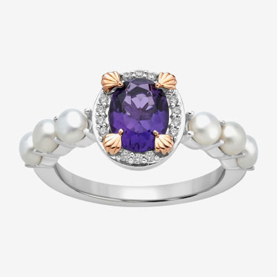 Enchanted Disney Fine Jewelry Womens Diamond Accent 3MM Lab Created Purple Cultured Freshwater Pearl Amethyst 14K Rose Gold Over Silver Oval Ariel Princess Side Stone Solitaire Cocktail Ring