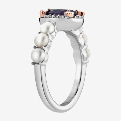 Enchanted Disney Fine Jewelry Womens Diamond Accent 3MM Lab Created Purple Cultured Freshwater Pearl Amethyst 14K Rose Gold Over Silver Oval Ariel Princess Side Stone Solitaire Cocktail Ring