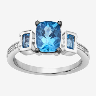 Marvel Fine Jewelry Womens Diamond Accent Genuine Blue Topaz Sterling Silver Oval Loki Side Stone Cocktail Ring