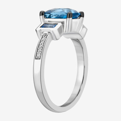 Marvel Fine Jewelry Womens Diamond Accent Genuine Blue Topaz Sterling Silver Oval Loki Side Stone Cocktail Ring