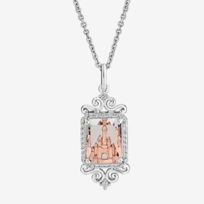 Enchanted Disney Fine Jewelry Womens 1/6 CT. T.W. Genuine White Quartz 14K Rose Gold Over Silver Princess Pendant Necklace