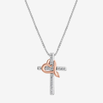 Hallmark Diamonds Womens Diamond Accent Natural White Diamond 14K Two Tone Gold Over Silver Cross Heart Pendant Necklace