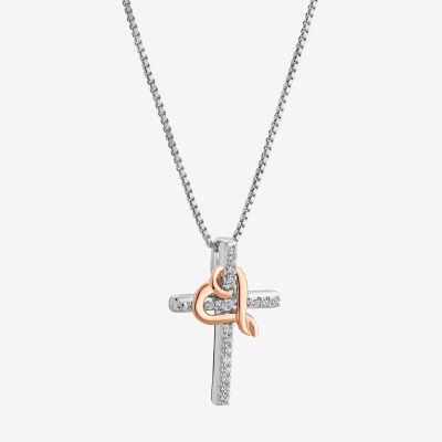 Hallmark Diamonds Womens Diamond Accent Natural White Diamond 14K Two Tone Gold Over Silver Cross Heart Pendant Necklace