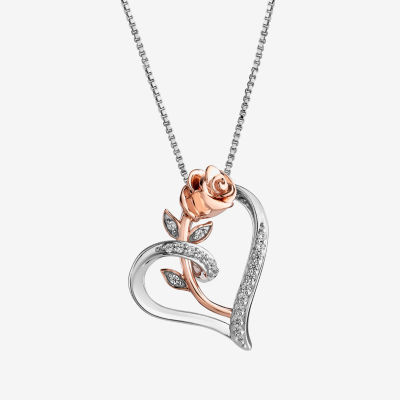 Enchanted Disney Fine Jewelry Womens 1/10 CT. T.W. Natural White Diamond 14K Rose Gold Over Silver Flower Heart Belle Princess Pendant Necklace