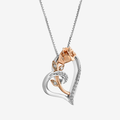 Enchanted Disney Fine Jewelry Womens 1/10 CT. T.W. Natural White Diamond 14K Rose Gold Over Silver Flower Heart Belle Princess Pendant Necklace