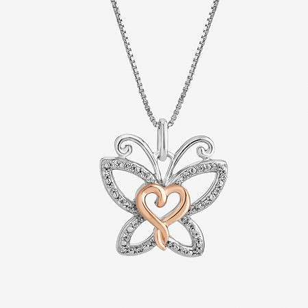 Hallmark Diamonds Womens Diamond Accent Natural White Diamond 14K Two Tone Gold Over Silver Butterfly Heart Pendant Necklace, One Size