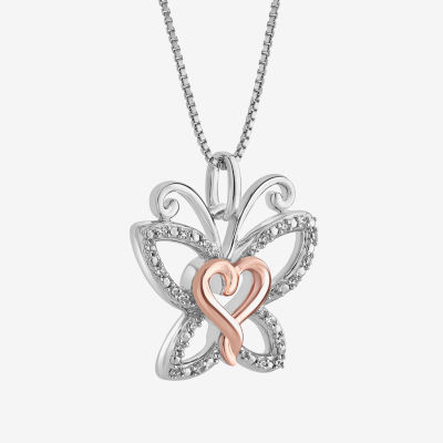 Hallmark Diamonds Womens Diamond Accent Natural White Diamond 14K Two Tone Gold Over Silver Butterfly Heart Pendant Necklace