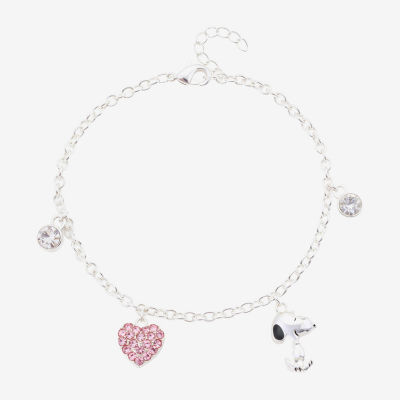 Womens Crystal Pure Silver Over Brass Heart Peanuts Snoopy Charm Bracelet